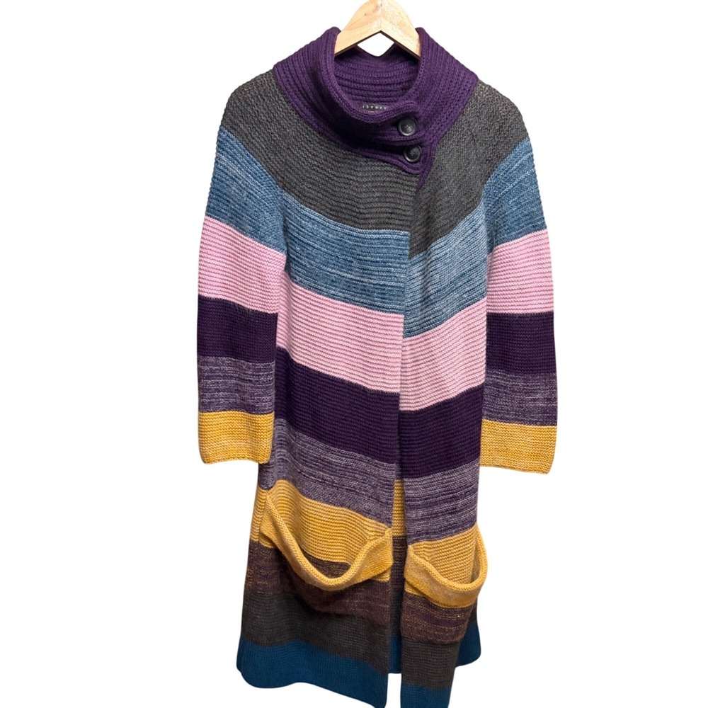 Theory Floriane Land Long Rainbow Striped Cardigan Sweater Angora/Cashmere/Mohai